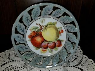 Vtg Royal Halsey Apples Strawberry Plate Reticulated Leaf Gray Blue Luster