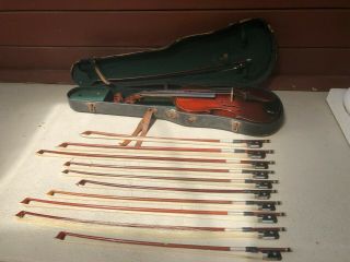 Vintage Antique Violin W/ Case And 10 Violin Cello Bows Or Restoratio