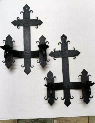 Vintage 17 Inch Pair Black Wrought Iron Wall Sconces Rustic Gothic Medieval