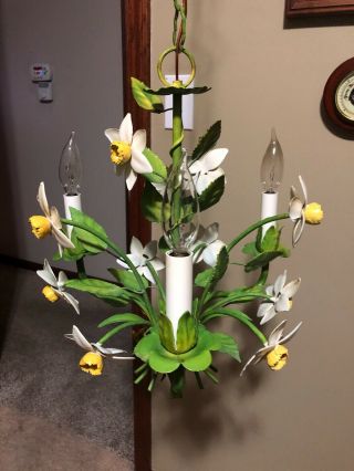 Vtg Mid Century Italian Tole Metal Chandelier White & Yellow Flowers Shabby Chic