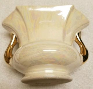 Vtg Pearl Iridescent Color Vase With 22k Gold Painted Handles Pioneer Pottery Co