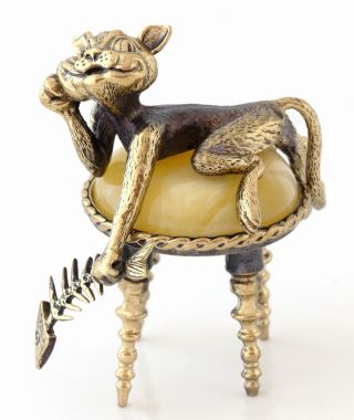 Cat With Fish Brass Figurine Sculpture Butterscotch Baltic Amber Padded Stool