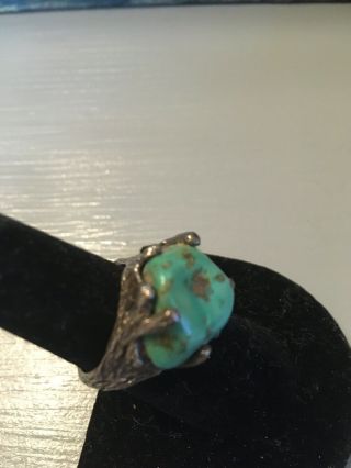 Vintage Brutalist Organic Sterling Silver Turquoise Nugget Ring Sz.  6
