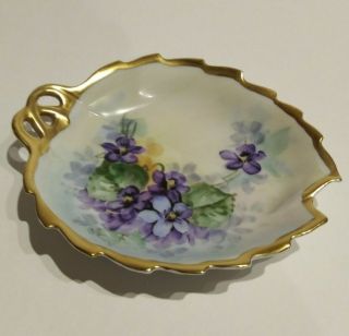 Vintage Leaf Shape Trinket Dish Violet Flowers Design Heavy Gold Trim Japan
