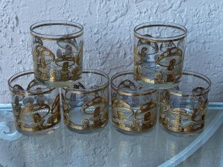Set Of 6 Vintage Mcm Culver Gold Mushrooms Double Old Fashioned Glasses Man Cave