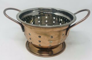 Bowl Metal Round Copper Silver Tone Holes 5.  75” X 3.  5” Bowl 8” Across Handles