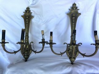 Vintage Pair Sconces Brass 3 Arm Wall French Regency Fixture Ornate 21” X 16