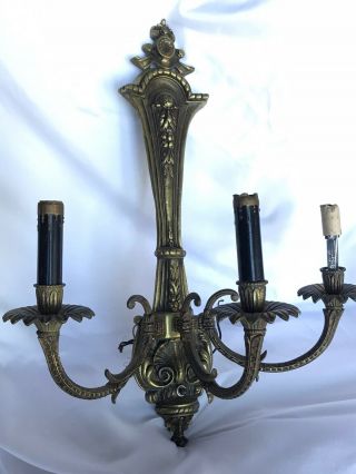Vintage Pair Sconces Brass 3 Arm Wall French Regency Fixture Ornate 21” X 16 2