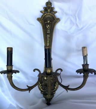 Vintage Pair Sconces Brass 3 Arm Wall French Regency Fixture Ornate 21” X 16 3