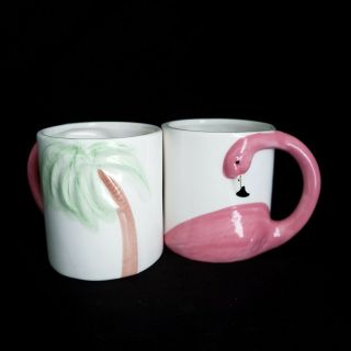 Set Of 2 Vintage Pink Flamingo Palm Tree Coffee Cup Mug Hand - Painted Pair