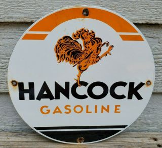 Vintage Old Hancock Gasoline Motor Oil Porcelain Gas Pump Advertising Sign