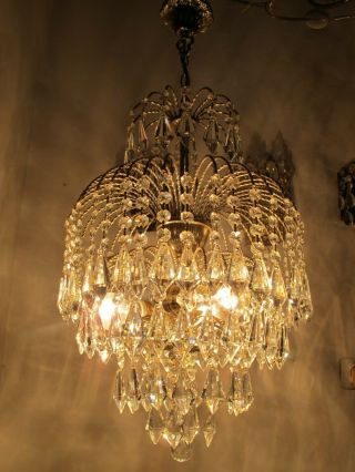 Antique Vnt French Huge Palm Swarovski Crystal Chandelier Lamp 1960 