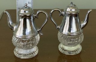 Vintage Clear Glass Metal Top Teapot Tea Salt And Pepper Shakers G@