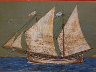 Greek 19th Century Sailing Ship Vintage Painting On Wood.  Signed.