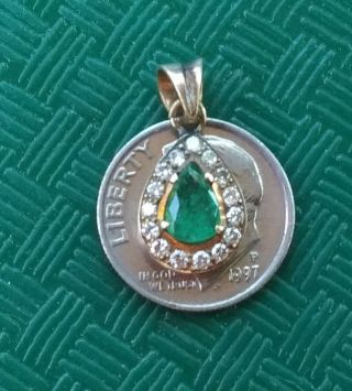 Antique 14 Kt Yellow Gold Pendant With Diamonds & Emerald