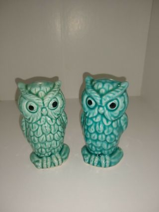 Vintage Owl Salt Pepper Mid Century Blue Ceramic Shakers