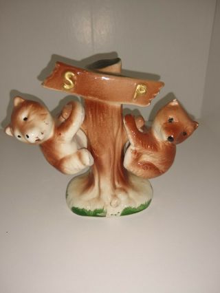 Vintage Brown Bear Cubs Hanging On A Tree Salt & Pepper Shakers 3 Piece Set