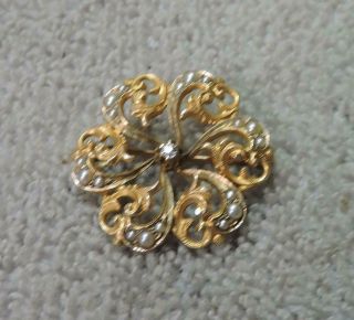 Antique Victorian Seed Pearl Diamond 9k Gold Scrolled Floral Brooch 3.  7 Grams