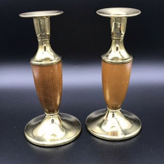 Vintage Pair 2 Mid Century Brass Wood Candlestick Taper Holders