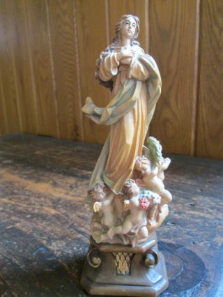Anri Vintage Assumption Mary Cherubs Angels Madonna Hand Carved Wood Statue 7.  5 "