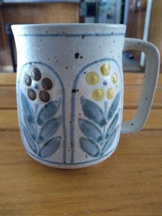 Vintage Speckled Stoneware Coffee Cup Mug Hand Painted White Yellow Flowers 4 " T