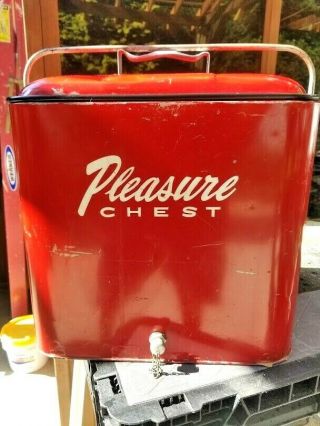 Vintage Cooler Pleasure Chest.  Red Metal Cooler.