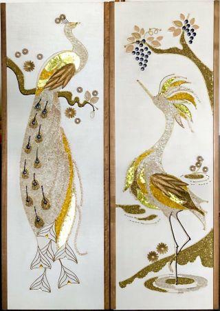Egret Peacock Birds Pebble Gravel Art Pair 36” Vtg Mid Century Hollywood Regency