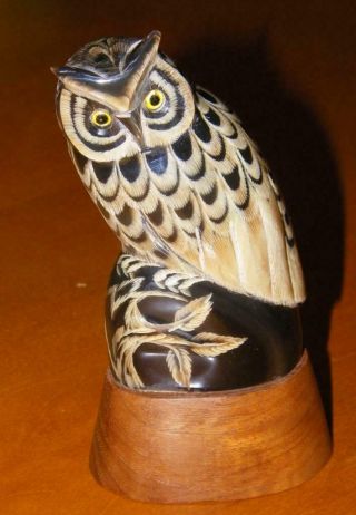 Vintage Hand Carved Buffalo Horn Owl Carving Sculpture On Wood Pedestal Signed