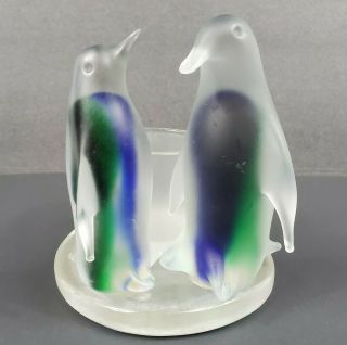 Partylite Blue Green Frosted Glass Penguin Pair Tea Light Votive Candle Holder