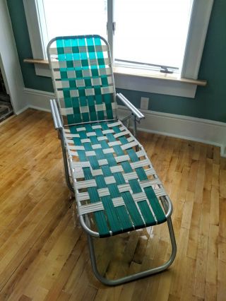 Vintage Aluminum Folding Webbed Webbing Chaise Lounge Lawn Chair Green Adjusts