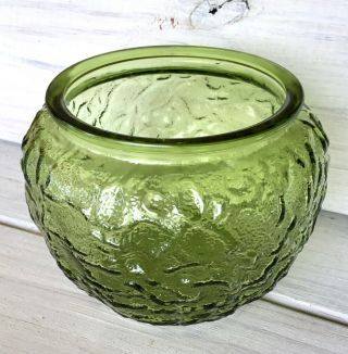 Vintage Olive Green Glass Vase Bowl Crinkle Texture E.  O.  Brody Milano - Lido Style