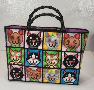 Cat Lover Tote Or Purse Hand - Stitched Plastic Canvas Ooak
