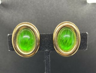 Vintage Signed Christian Dior Emerald Green Tone Glass Gold Tone Clip Earrings