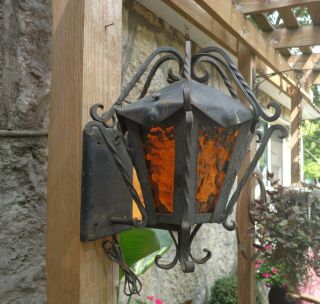 Antique Spanish Light Fixture Sconce: Mid Modern Black Wrought Iron,  Wavy Glass