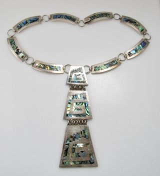 Vintage Abstract Abalone Inlay Large Bib Necklace Sterling Silver Handmade