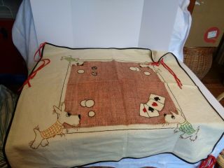 Vintage Art Deco Gambling Scotties Cardtable Cover Embroidered & Printed Unusual