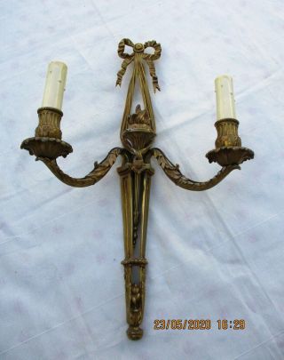 Antique French Louis Xvi Empire Gilt Bronze 2 Lights Wall Sconce Torch Ribbon