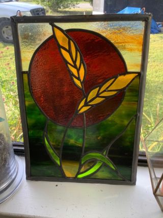 Vtg Antique Leaded Stained Glass Window Panel Floral Flower Red Green Yellow