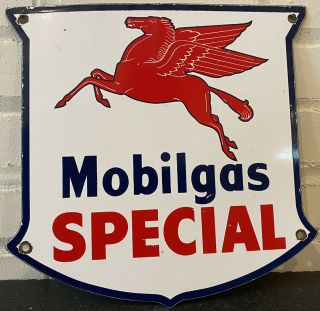 Vintage Mobilgas Special Porcelain Sign Gas Station Pump Plate Mobil Pegasus Oil