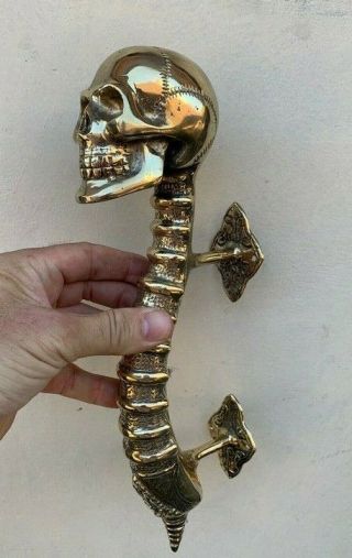 Large Skull Handle Door Pull Spine 13 " Polished Brass Old Vintage Style 33 Cm B