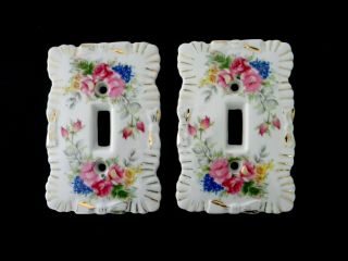 Vintage Japanese Porcelain Light Switch Plate Hand Painted Floral Design