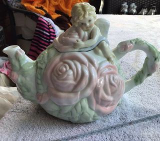 Avon Cherub And Roses Teapot With Green Leaves