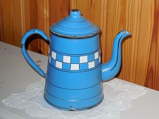 Antique Vintage French Enameled Coffee Pot Authentic Blue/white Lustucru