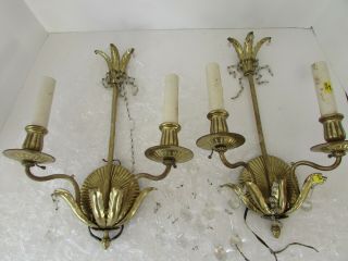 Vtg Victorian Electric Wall Sconces Hard Wire 15 " H Crystals & Brass