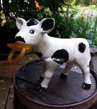 Vtg Ceramic Cow Calf Figure With Pacifier Binki Holder Dairy Farmers Baby Shower