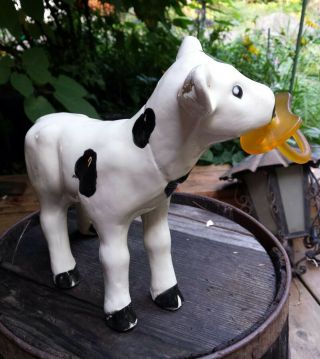 VTG Ceramic Cow Calf Figure With Pacifier Binki Holder Dairy Farmers Baby Shower 2