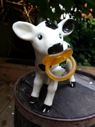 VTG Ceramic Cow Calf Figure With Pacifier Binki Holder Dairy Farmers Baby Shower 3