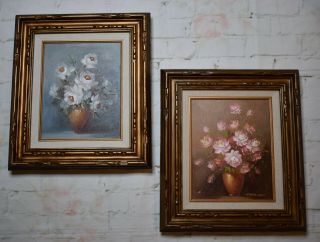 2 Vintage Framed Oil Paintings Flowers Floral Signed Robert Cox Art (2)