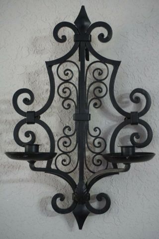 Spanish Revival Wrought Iron Double Candle Holder Gothic Antique Vtg Heavy