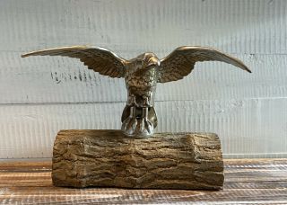 Vintage Large Brass Eagle On Walnut Log Metal Art Statue Figure Decor 10.  75”